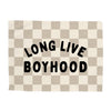 Checkered blanket with 'LONG LIVE BOYHOOD' text on a white background