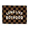 Checkered flag with 'LONG LIVE BOYHOOD' text on a white background