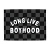 Checkered flag with 'LONG LIVE BOYHOOD' text on a white background