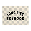 Checkered rug with 'LONG LIVE BOYHOOD' text on a white background