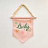 Decorative banner with 'Lucky' text and decorative elements on a white background