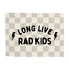 Checkered blanket with 'Long Live Rad Kids' text and lightning bolt symbols on a white background