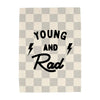 Checkered blanket with 'Young and Rad' text and lightning bolts on a white background